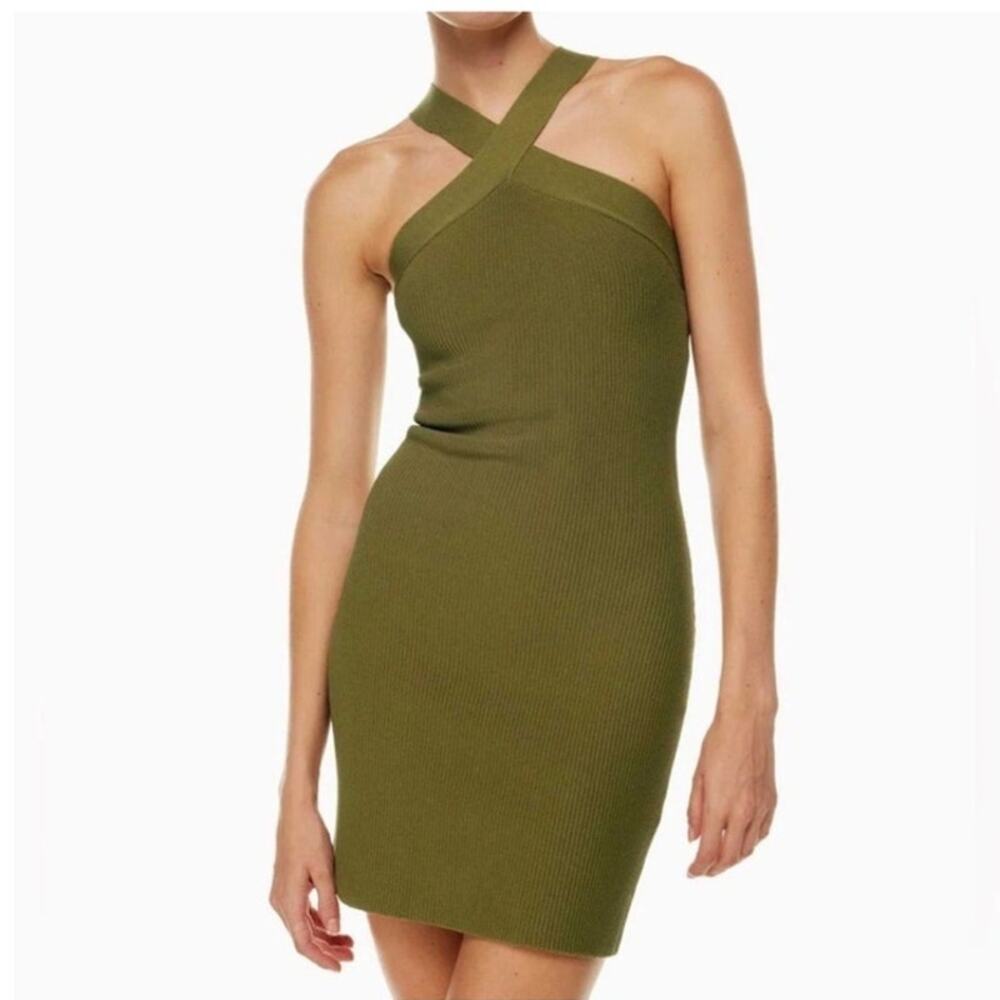 Aritzia Babaton Women Small Fem Sculpt Knit Criss Cross Ribbed Halter Mini Dress